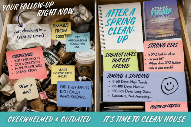 Side-by-side image of a messy CRM “junk drawer” full of outdated emails and scattered leads versus a clean, organized follow-up system with strong subject lines, clear CTAs, and structured lead nurturing, encouraging OSCs to “clean house.”
